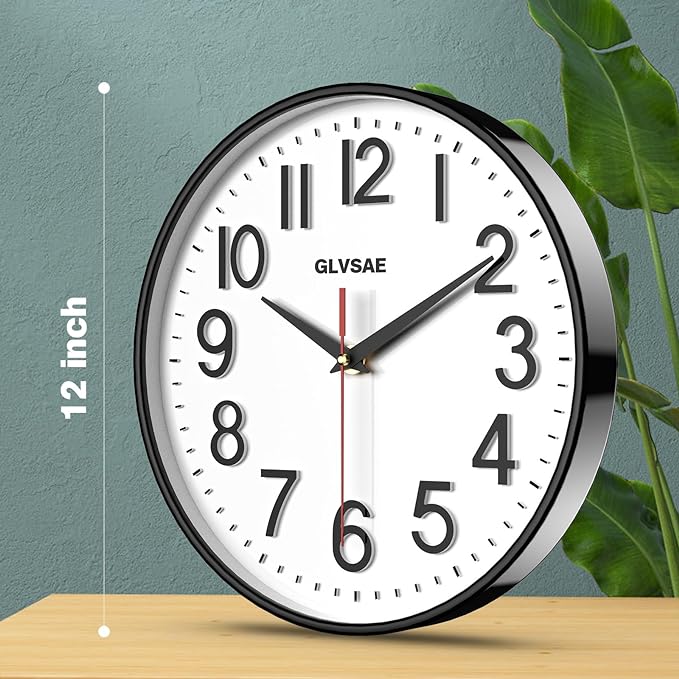 GLVSAE Wall Clock 12 Inches Non-Ticking Wall Clocks Battery Operated Large Easy - Image 2