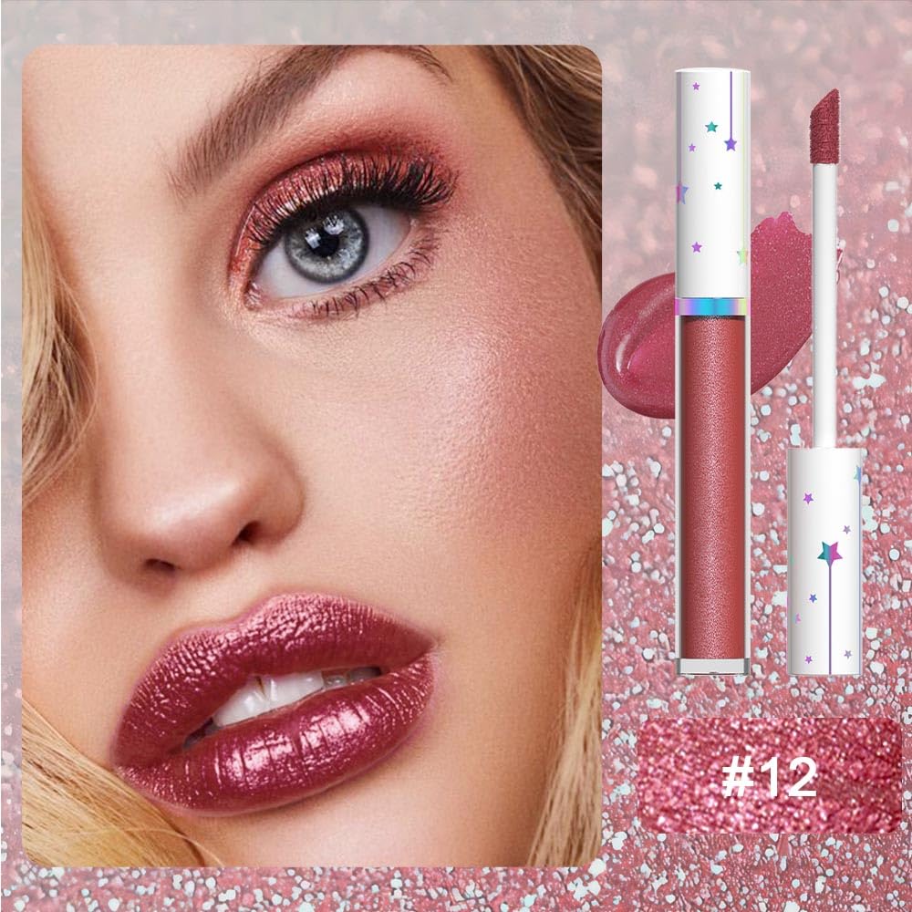 evpct 1Pcs Mauve Red Metallic Glitter iridescent Liquid Lipstick for Women Long Lasting Waterproof 24, Maroon Red frosted Metallic Glitter Shimmer Chrome Glossy Lipsticks Lip Gloss Stains Makeup Set