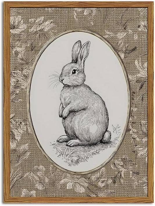 Framed Vintage Rabbit Wall Art, Cute Easter Bunny Pictures Wall Decor, Rustic by Unknown