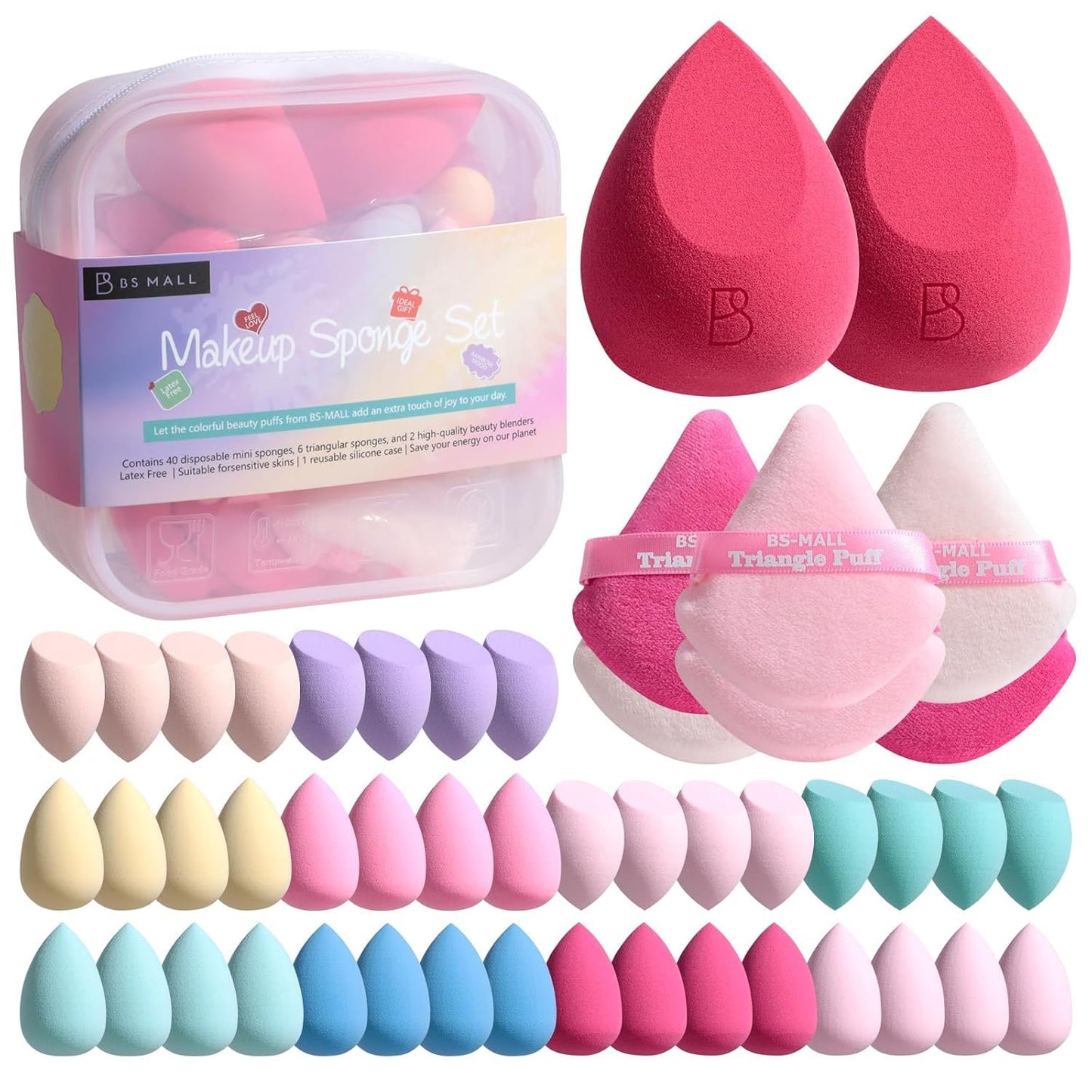 BS-MALL Professional Makeup Sponges Triangle Puff 49 Pcs- Pro V3.0 Cloud Technology Makeup Sponge Material Flawlessflow Mini Sponge Set & Triangle Puff With Waterproof Travel Silicone Bag Gift Set