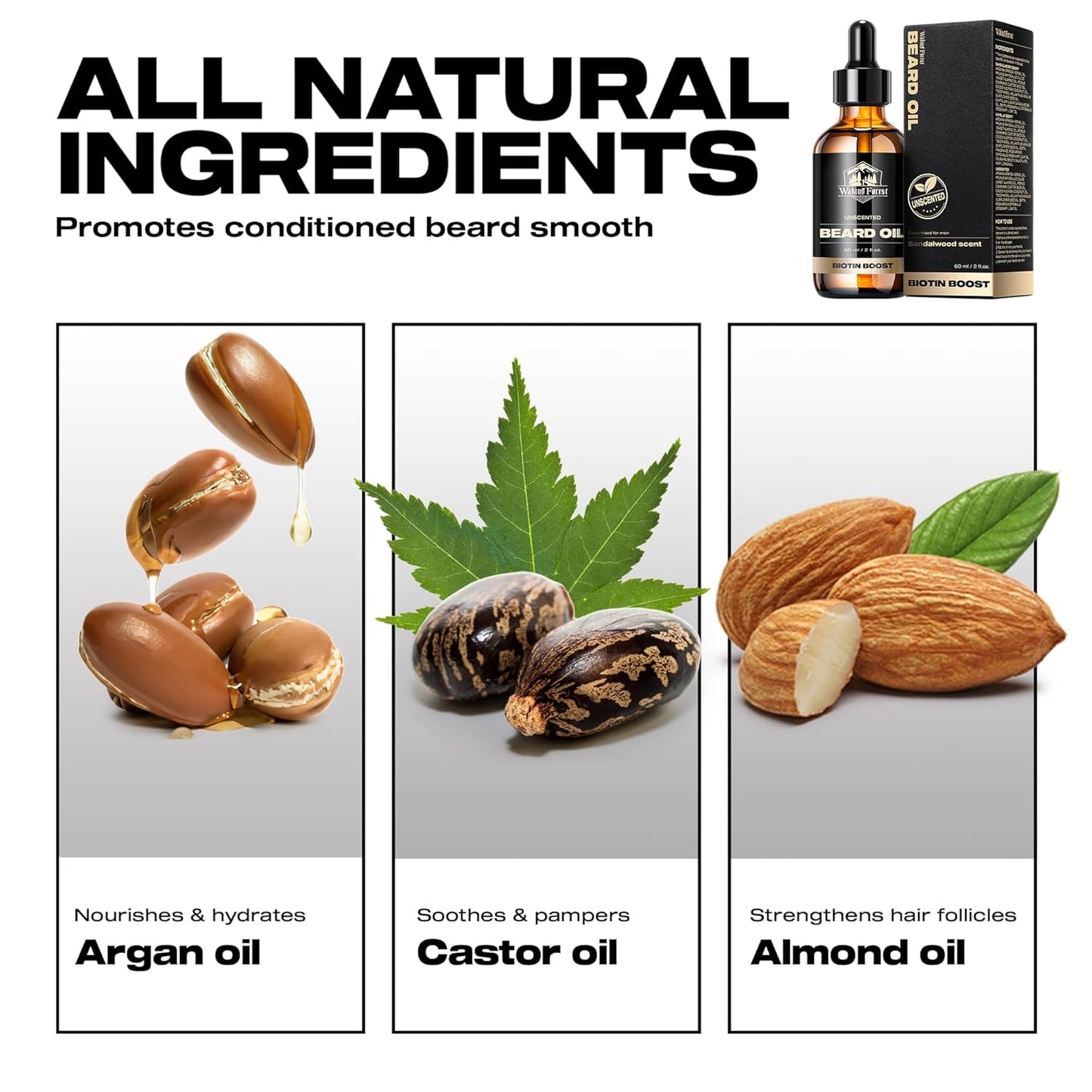 Waking Forest Beard Oil - 60ml Unscented Biotin Beard Oil for Men Thicker Beard with Vitamin E, Rosemary, Castor Mustache Oil for Black Men, Softens & Strengthens Beard Care Oil