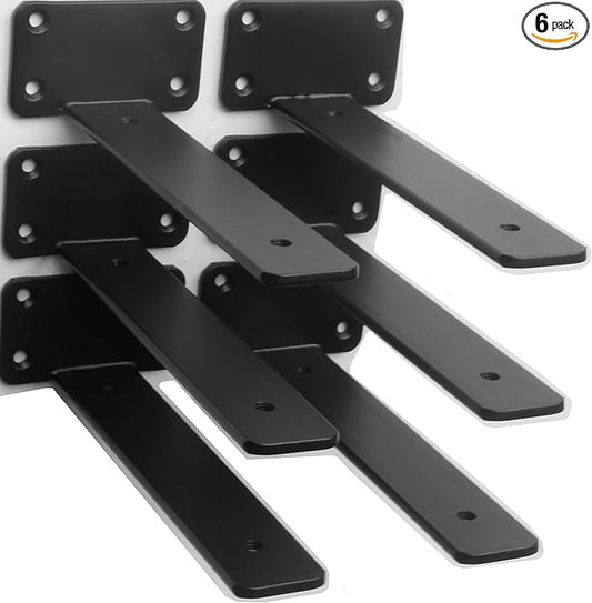 6 Pack - 8 inch Black Hidden L Shelf Bracket Iron Floating Shelf Brackets by MHMYDZ