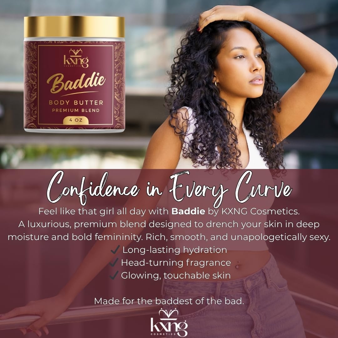 KXNG Cosmetics, Body Butter, Organic Skin Care for Men and Women, Body Moisturizer Lotions and Creams, Raw Shea Butter, Cocoa Butter, Mango, Coconut Oil, Hand, Foot, All Skin Types (Baddie)