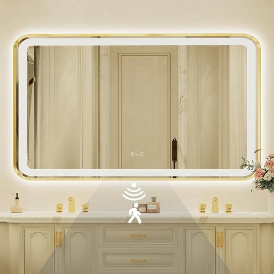 32x55 Inch Gold Framed LED Bathroom Mirror by Unknown
