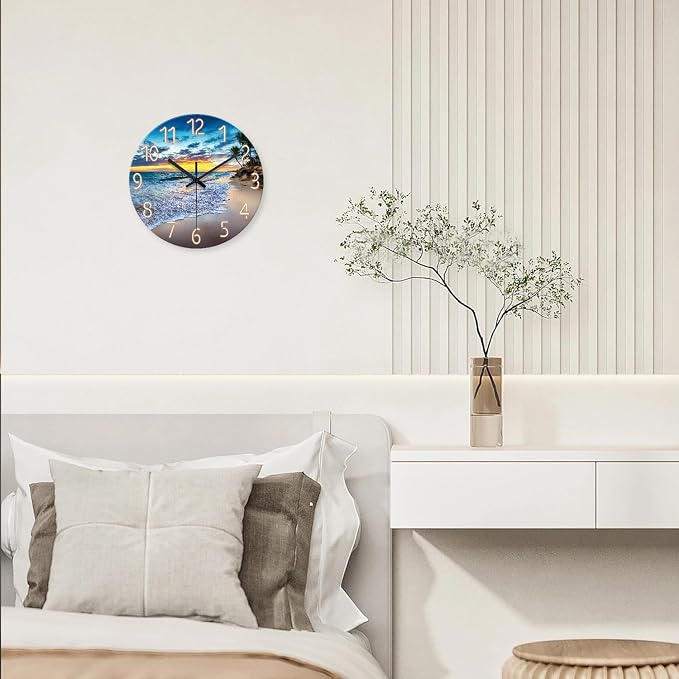 Beach Clocks Wall Decor Glass Modern Coastal Wall Clock Silent Non Ticking Blue - Image 3