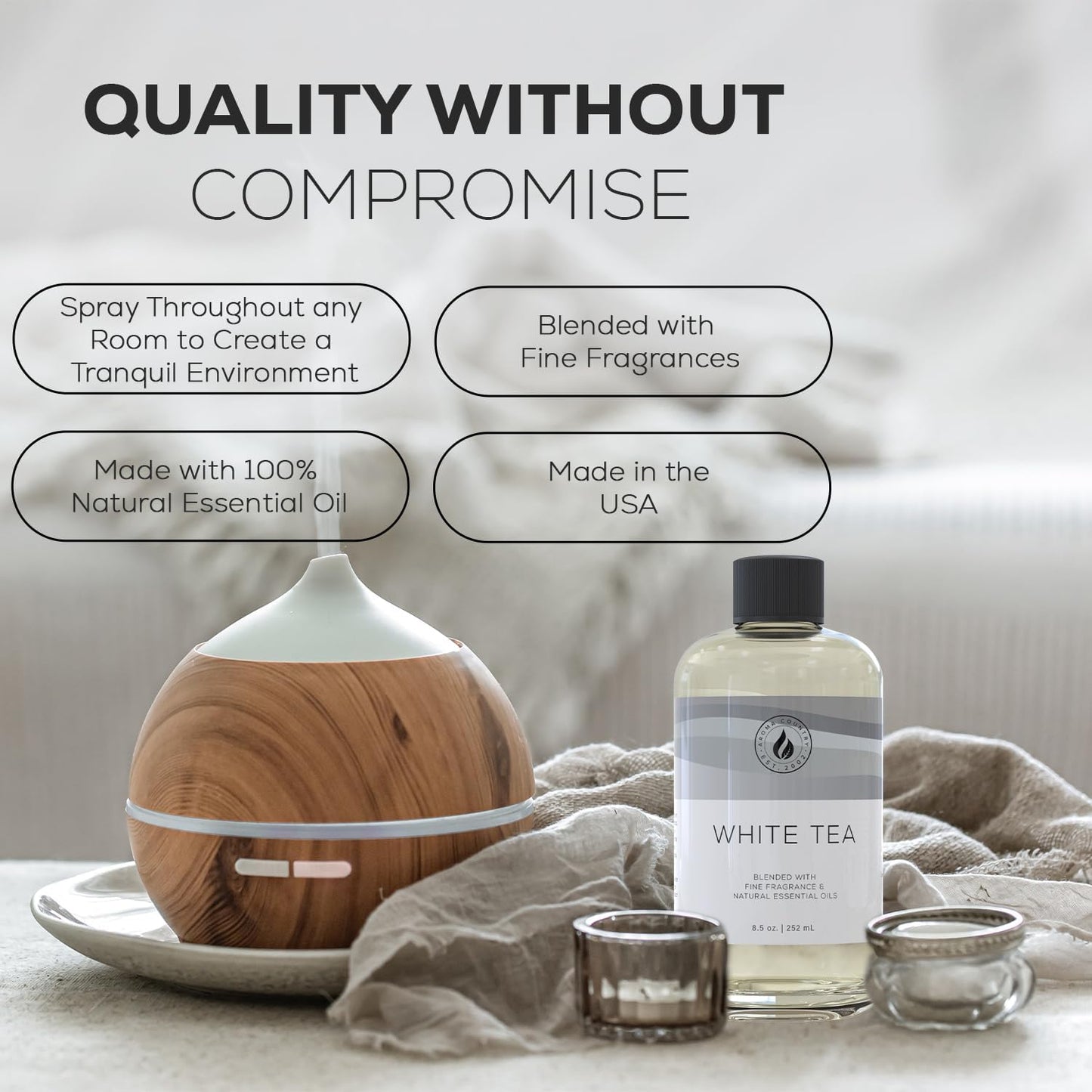 Aroma Country White Tea Diffuser Oil - Luxury Essential Oils for Diffuser Refill & Air Freshener Room Spray, Long-Lasting, Natural Home Fragrance and Hotel Scent for Diffusers & Machines (8.5 Fl Oz)