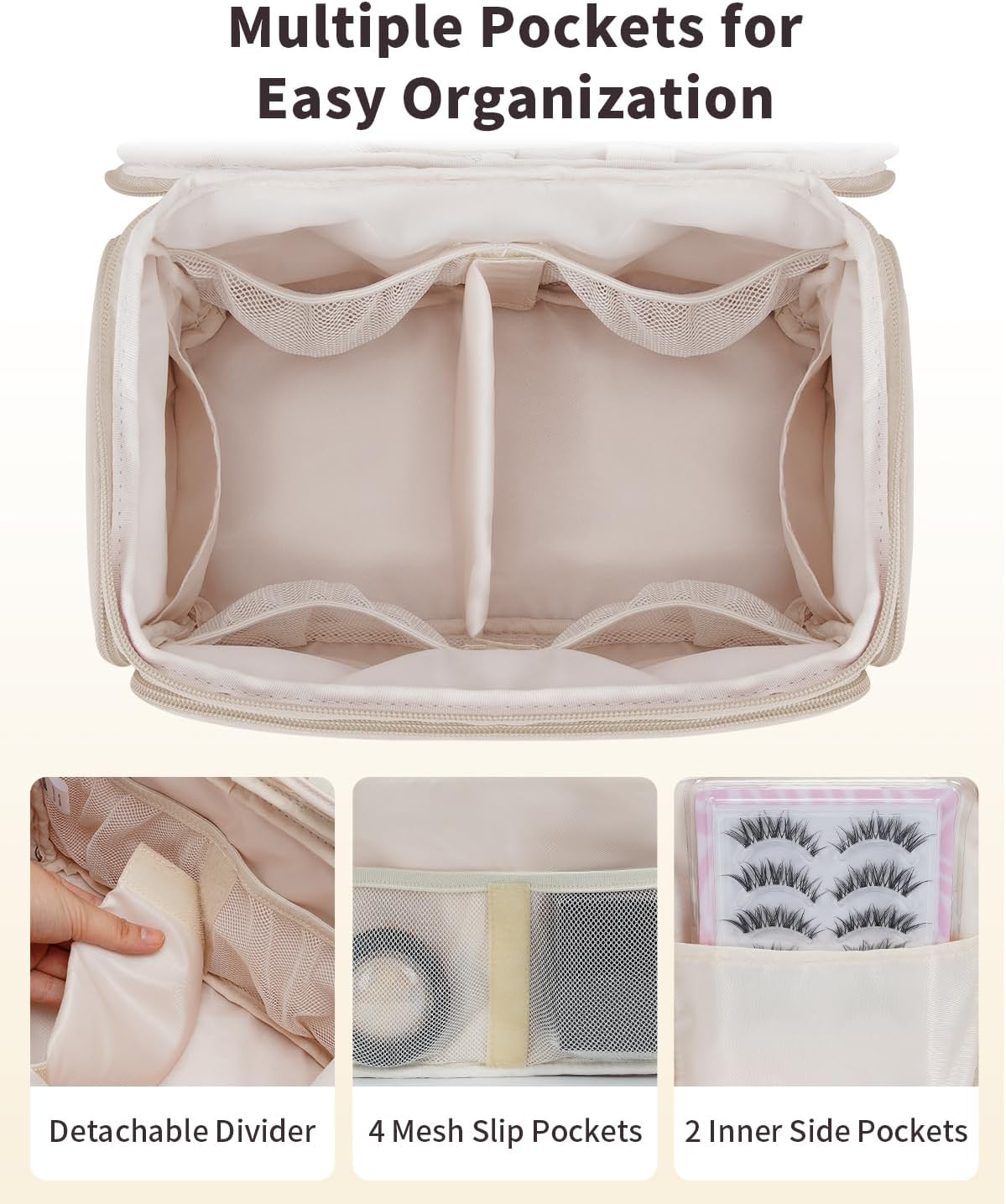 WANDF Travel Toiletry Bag for Women, Wide-open Large Makeup Bag with Handle, Puffy Makeup Organizer for Toiletries, Cosmetics, Accessories, Essentials (Light Khaki)