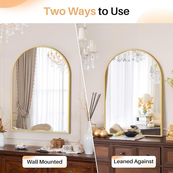 Bathroom Mirror for Wall, 30x20 Inch Arched Mirror, Matte Gold Metal Framed - Image 3