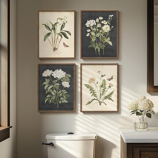 Framed Botanical Wall Art, 4 Piece Vintage Farmhouse Floral Canvas Painting by Cuspin