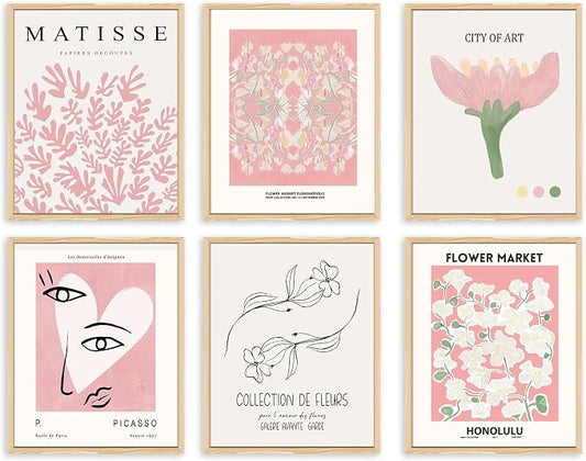 QIAOMICS Pink Flower Market Wall Art Prints, Cute Matisse Wall Decor Aesthetic by QIAOMICS