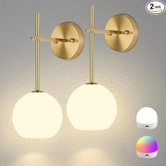 Gold Battery Operated Wall Sconces Set of 2, Rechargeable Wireless Wall Lights by KeepShinning