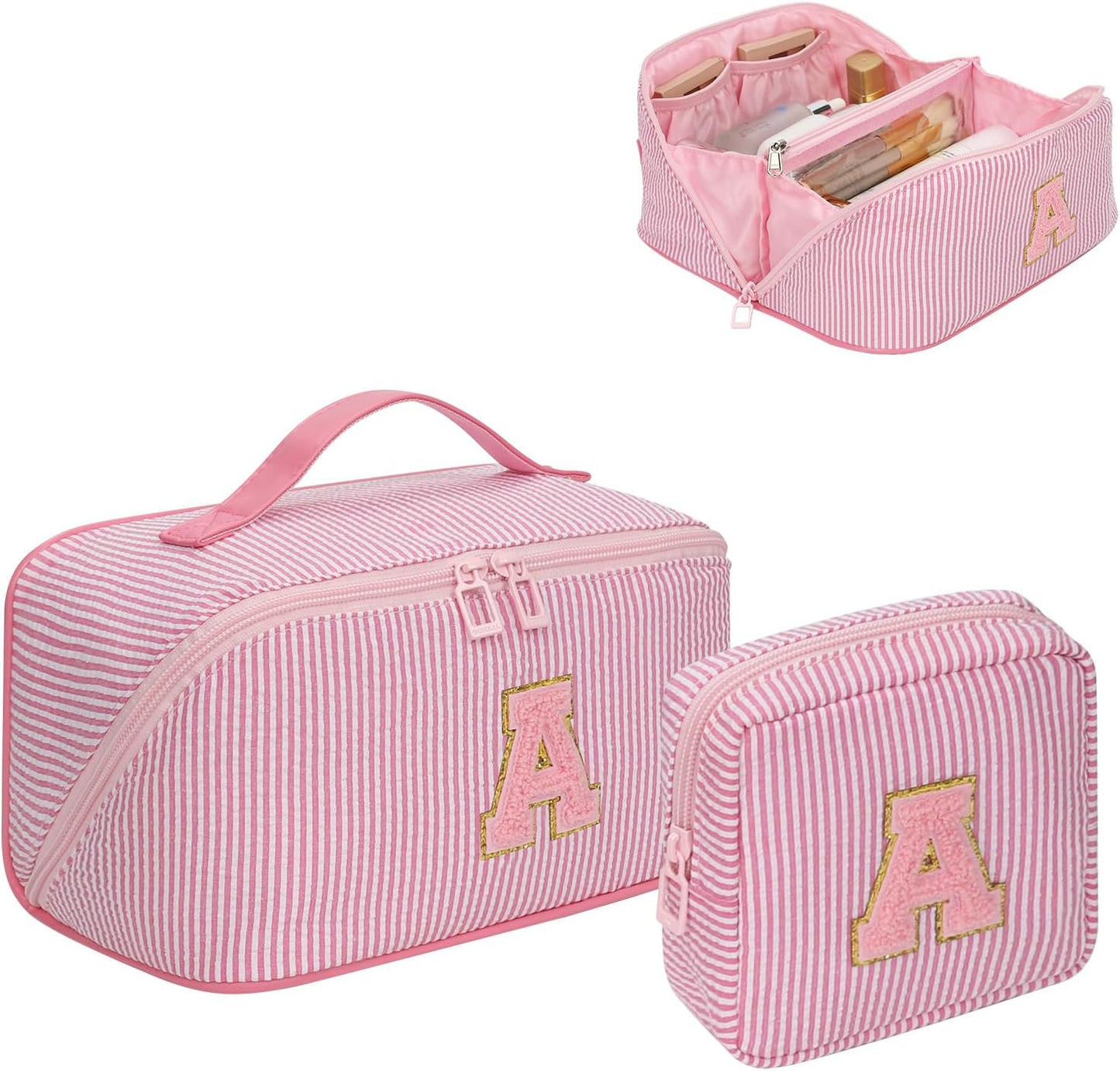 Travel Makeup Bag for Women, 2Pcs Portable Personalized Initial Makeup Organizer Bag, Open Flat Large Cosmetic Bag With Travel Essential Pouch (Pink Letter A)