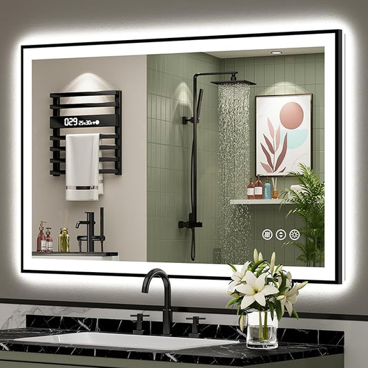 48x32 Black Framed LED Bathroom Mirror by Awandee