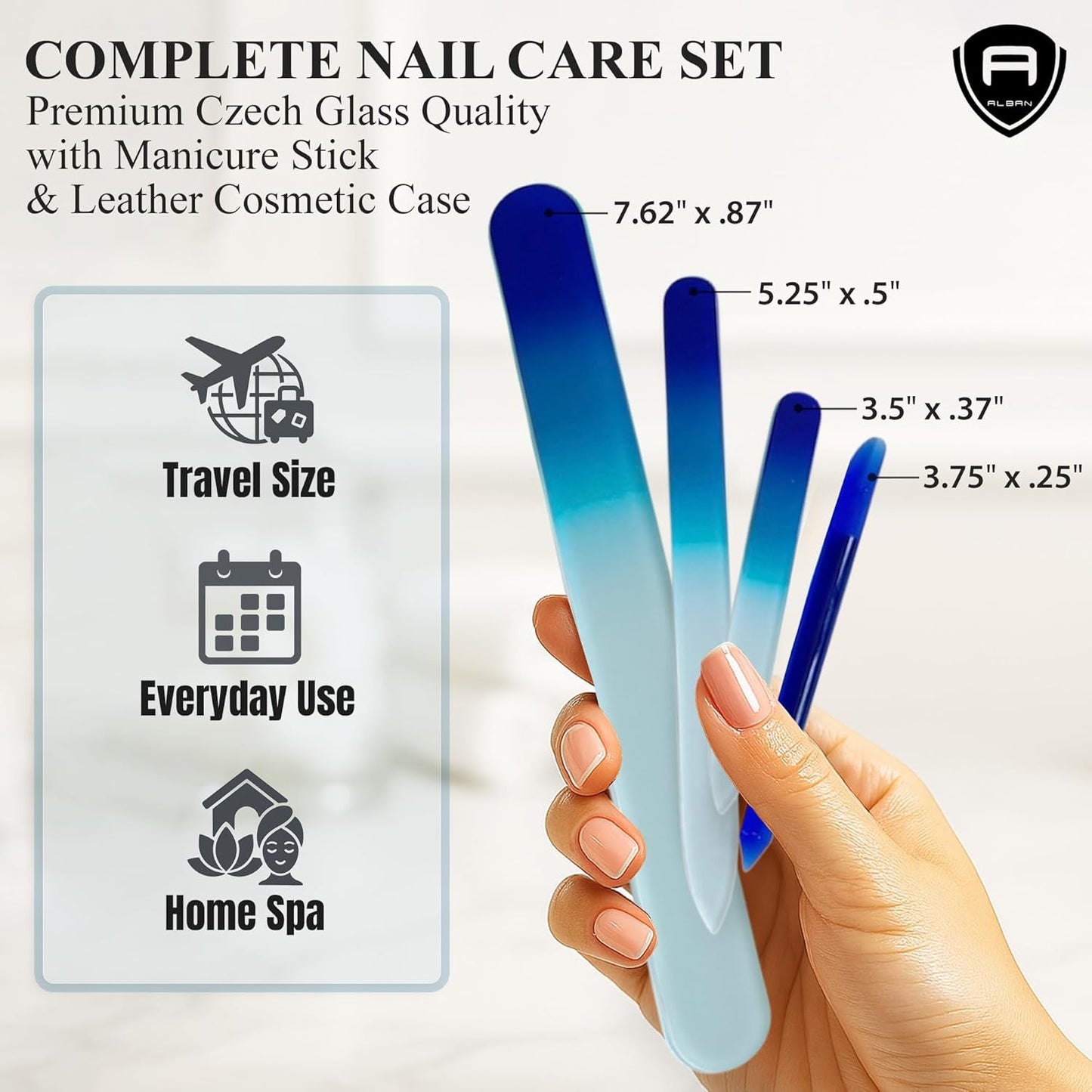 Alban Czech Glass Nail File Set with Manicure Stick & Vegan Leather Cosmetic Case (Royal Blue Nail Files, Royal Manicure Stick & Light Blue Cosmetic Case)