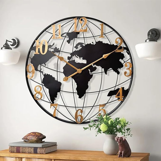 Large World Map Wall Clock, Metal Minimalist Modern Clock, Round Silent by KEQAMHOMEDECOR