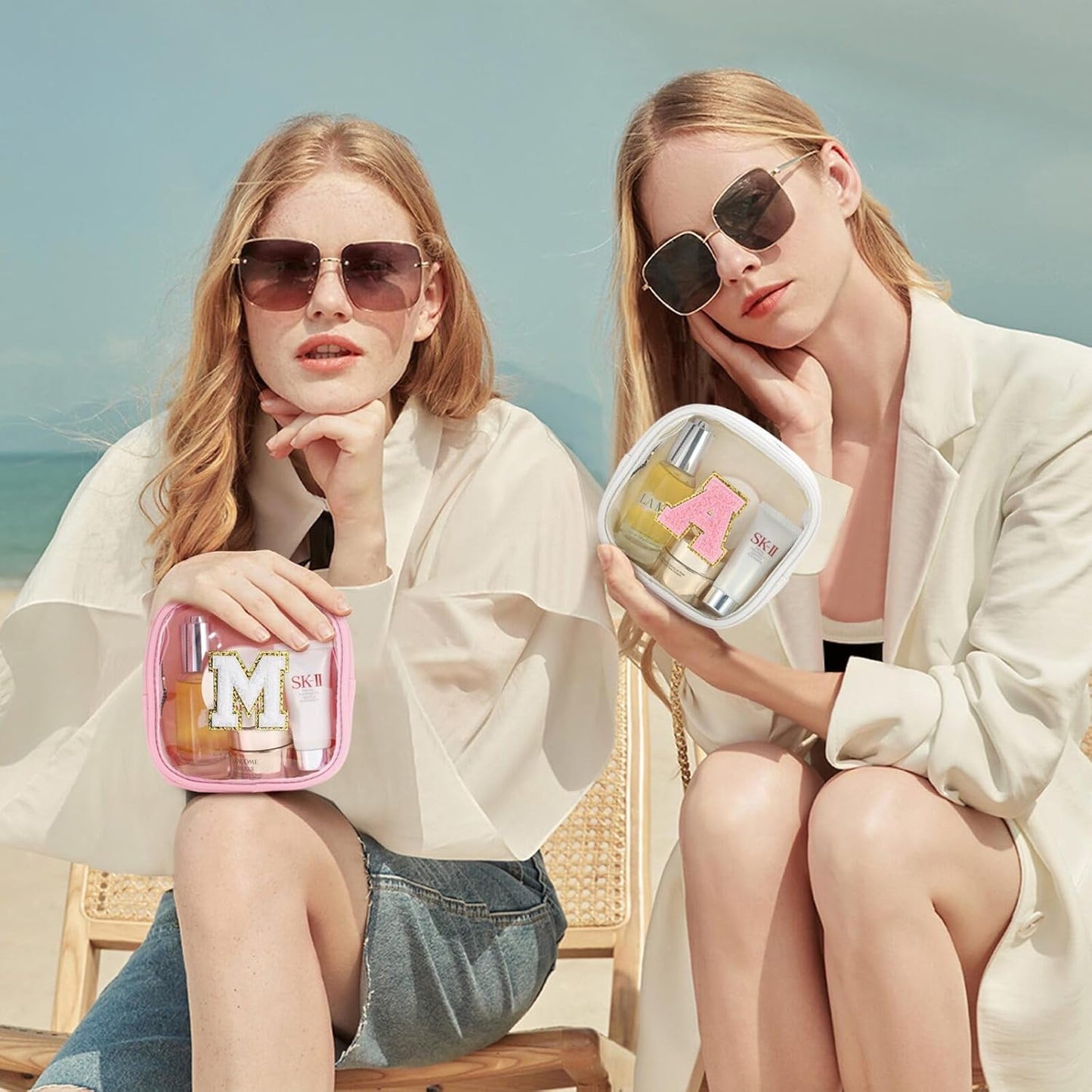 YOOLIFE Initial Make Up Bag Travel Toiletry Bag, Clear Makeup Bag Preppy Cosmetic Bags Organizer Travel Essentials Gifts for Women Teen Girlfriend Teacher Mom Birthday Mothers Day Gifts White L