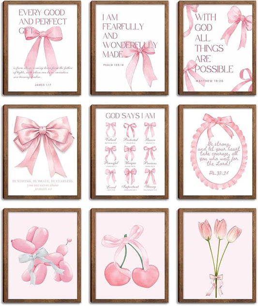 Pink Bows Bible Verse Christian Canvas Wall Art Set of 9, Trendy Posters Prints by Unknown