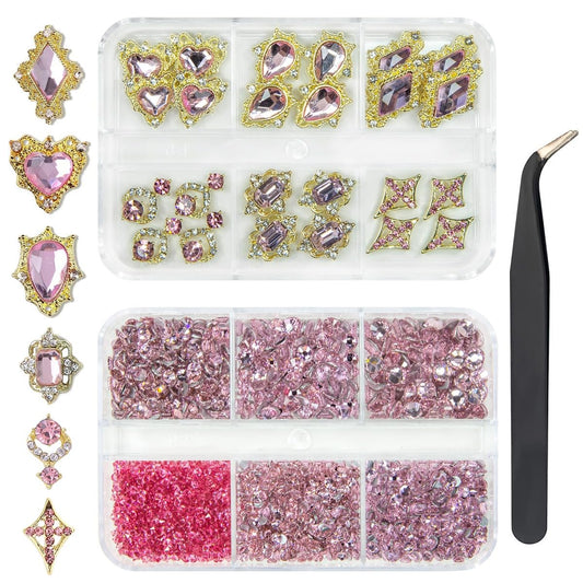 24pcs Pink Luxury Nail Charms +2000pcs Rhinestones 3D Big Nail Gems K9 Glass Nail Crystals Diamonds Jewelry Stones Alloy Nail Art Studs Decor Supplies Heart Charms for Arylic Nails DIY Crafts