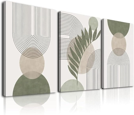 Sage Green Boho Wall Art Set of 3, Minimalist Framed Wall Art Geometric Line by KBKBART