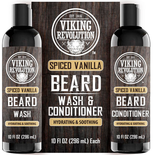 Viking Revolution Beard Wash and Beard Conditioner for Men with Argan Oil and Jojoba Oil - Beard Softener and Strengthener Beard Care Beard Shampoo and Conditioner with Beard Oil (10oz,Spiced Vanilla)
