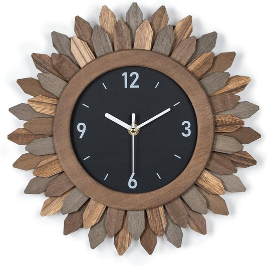Honiway Wall Clock Battery Operated 12 in Rustic Wood Boho Sunburst Decorative by Honiway