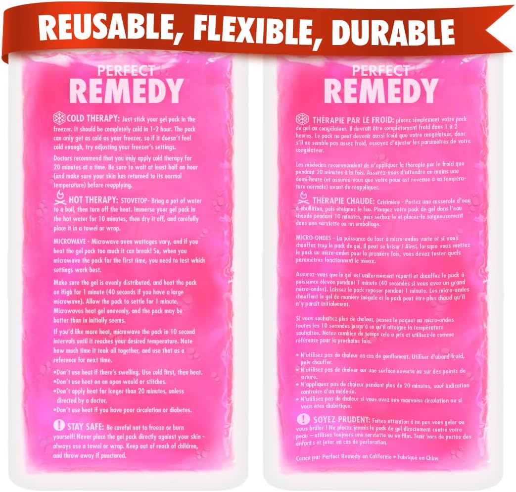 Perfect Remedy 2-Pack Gel Ice Packs for Injuries, Soft and Flexible Hot & Cold Compress, Soothing Ice Pack Aid for Sprains Strains & Soreness conditions, Alternative to Hot Water Bottles (Pink, Large)