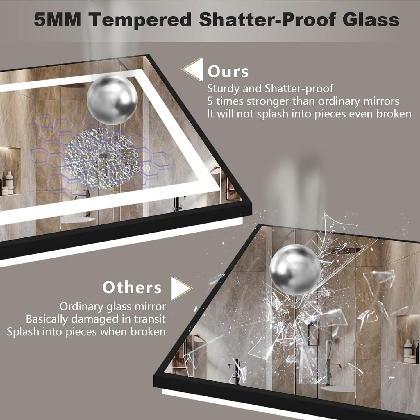 OKPAL 60x40 Black LED Bathroom Mirror, Lighted Bathroom Mirrors with Lights, Front Light and Backlit, Lighted Vanity Mirror, Dimmable, Anti-Fog, Shatterproof, ETL Listed (Horizontal/Vertical)