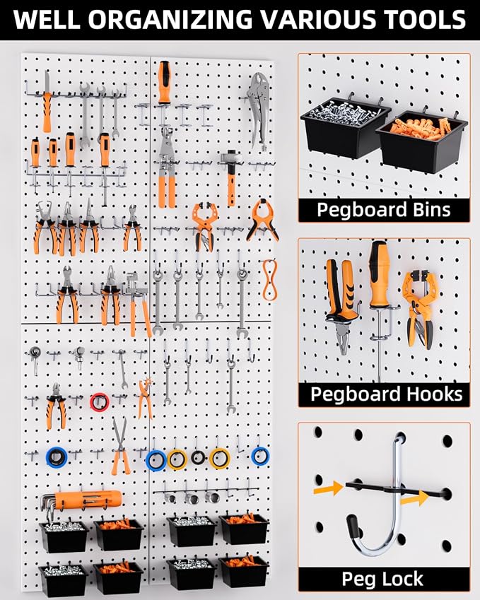 INCLY 158PCS Metal Pegboard Wall Organizer, 48x24 Inch White Pegboard Panels - Image 5