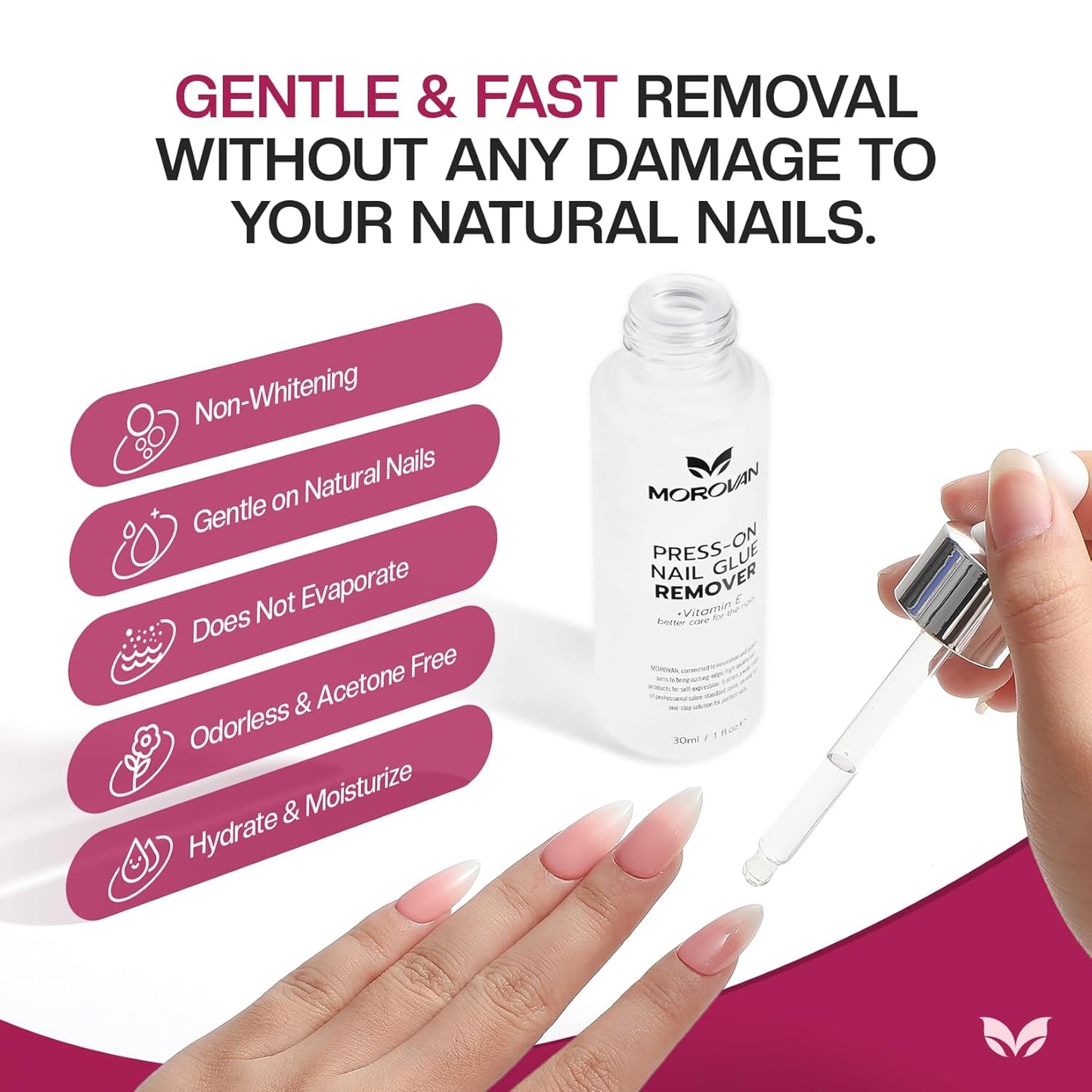 Morovan Press On Nail Glue Remover: Quick Press On Nail Remover Gentle Odorless Non-Acetone Artificial Acrylic Fake Nails Tips Removal - Enriched with Cuticle Oil and Vitamin E Beginners DIY at home