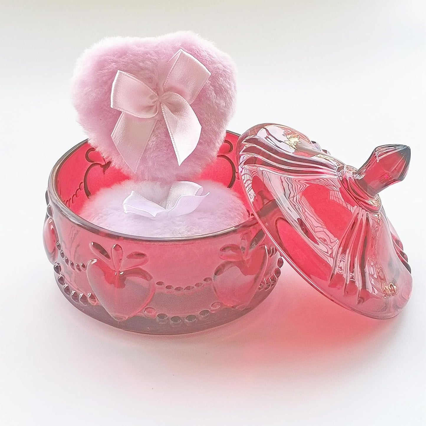 Body Powder Puff and Container - Glass Dusting Powder Container with 2 Soft Puffs Vintage Powder Puff Case for Women & Girls (3.93x3.93x4.13 H in) - GRB017-Red