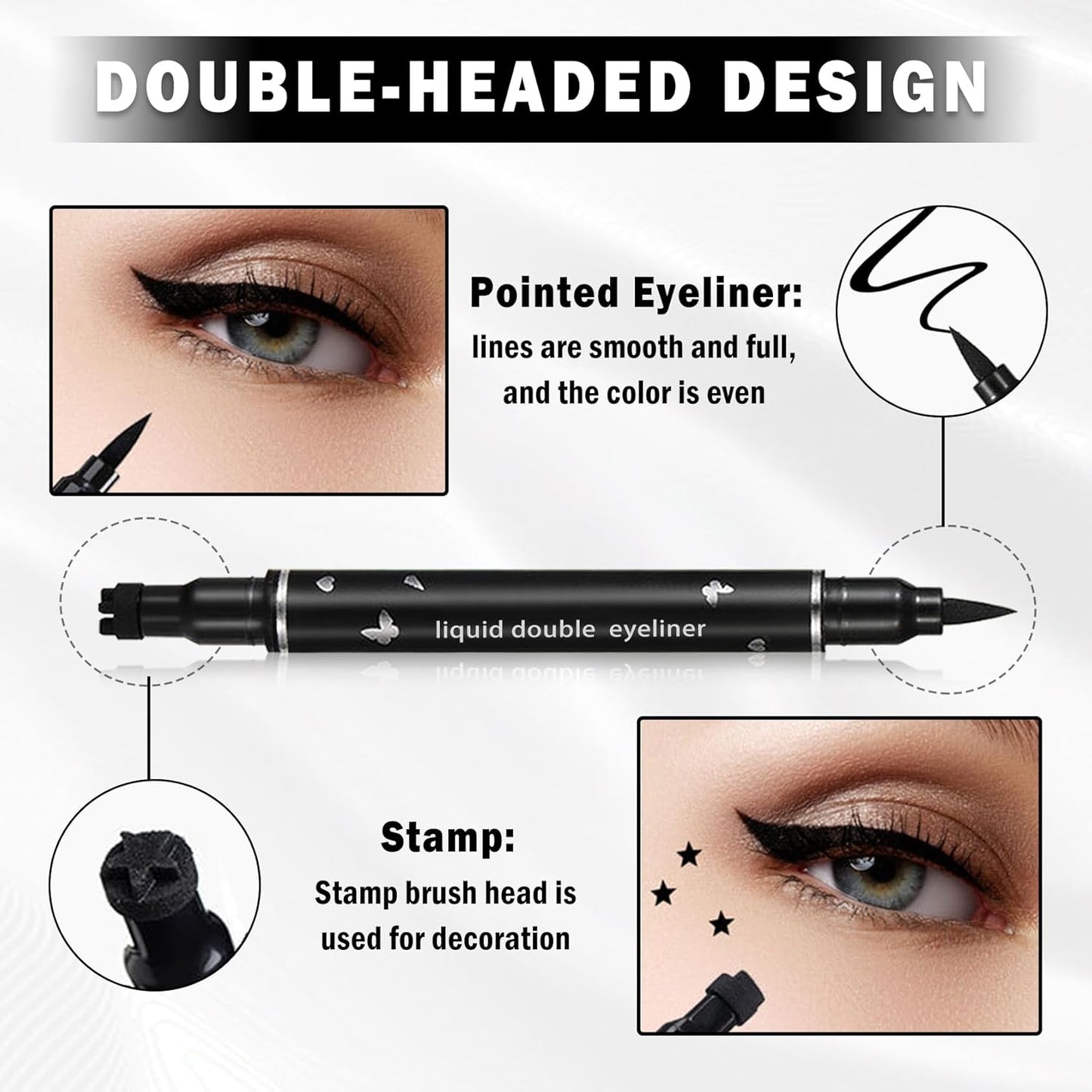 2PCS Double-headed Eyeliner Stamp Pencil Black Liquid Winged Eyeliner Stamp Pen Waterproof Smudgeproof Eye Liner Stamp for Eye Makeup(Heart+Star)