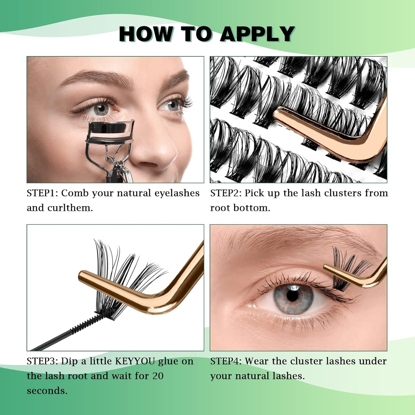Lash Clusters 300pcs Individual Lashes 40D 0.07D Curl 14mm DIY Eyelash Extension KEYYOU Large Tray Volume Soft&Natural Eyelash Clusters(40D-0.07D,14）