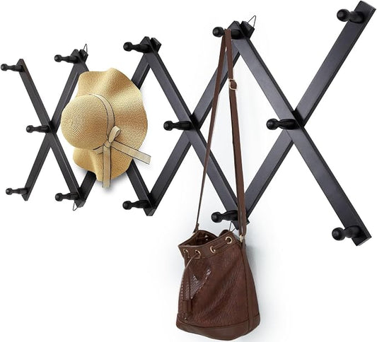 SCUNDA Wall Rack with 14 Hooks, Wooden Wall Expandable Coat Rack by SCUNDAHOME