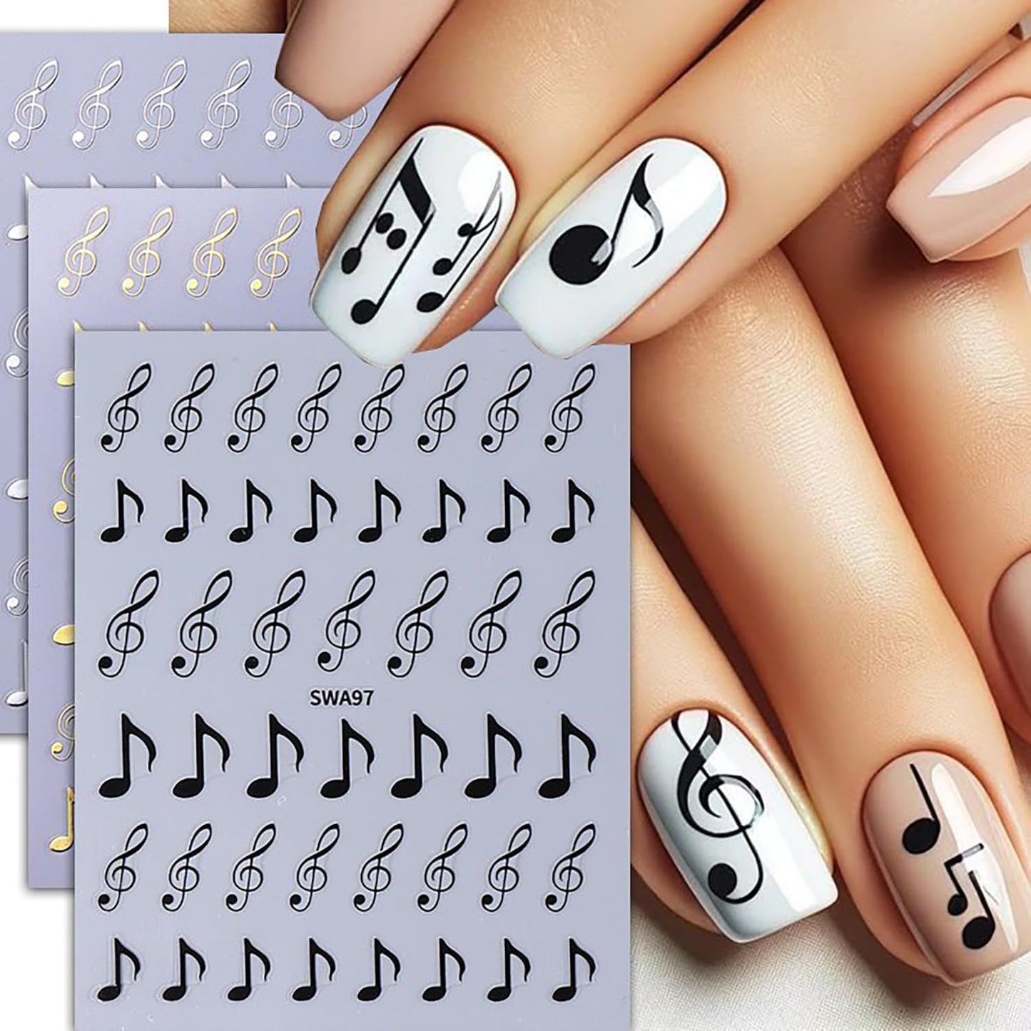 Musical Symbols Nail Art Stickers 3D Self-Adhesive Nails Sticker Music Notation Nail Decals Holographic Decal Decoration for Women Musical Notation Manicure Stickers DIY Nail Art Sticker Supplies