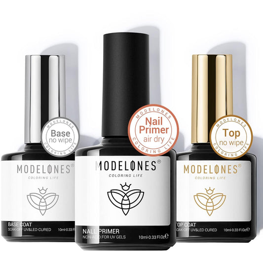 modelones Gel Top Coat and Base Coat With Nail Primer, 3 Pcs No Wipe Clear Base and Top Coat Nail Bonder Primer Super Shiny Gel Polish Home DIY Manicure 10 ml