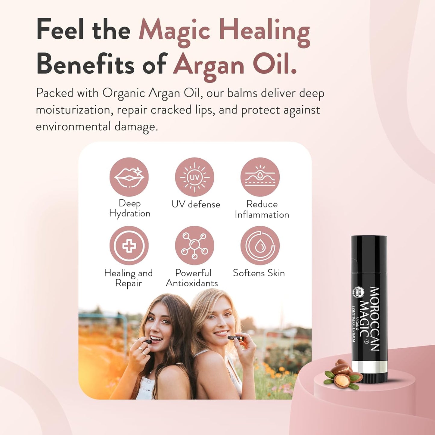 Moroccan Magic Organic Coconut Almond Lip Balm 3 Pack | Ultra-Hydrating Argan & Essential Oil Lip Moisturizer + Vitamin E | Natural Chapstick for Dry Lips | Smooth, Non-Toxic | Organic Lip Balm