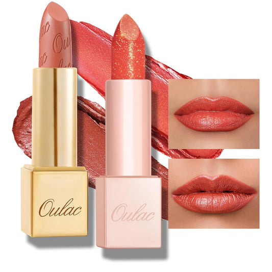 Oulac Orange Lipstick Set 2PCS - Metallic and Sheer Orange Lipstick, Vegan Hydrating Formula, 05+PG04