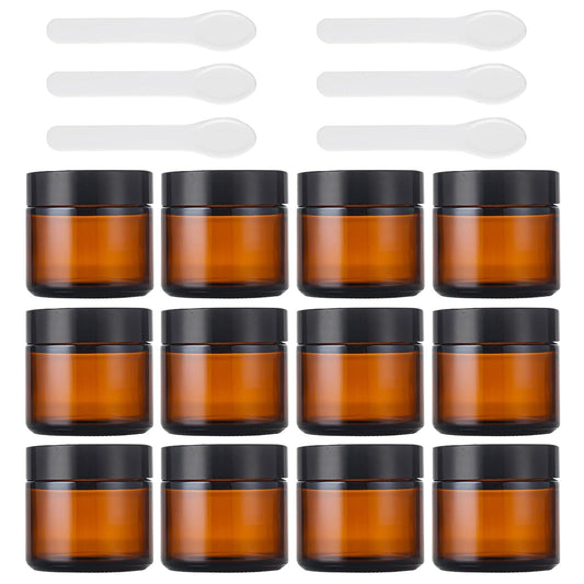 Lil Ray 2 Oz Glass Cream Jars with Black Lid, Empty Amber Glass Containers, Refillable Cosmetic Vials for Lotion, Ointment (12 PCS)