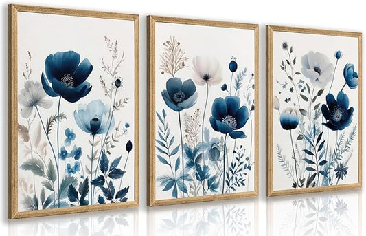 LLEEMPI Navy Blue Floral Wall Art Set of 3, Modern Wildflower Wall Decor by Unknown
