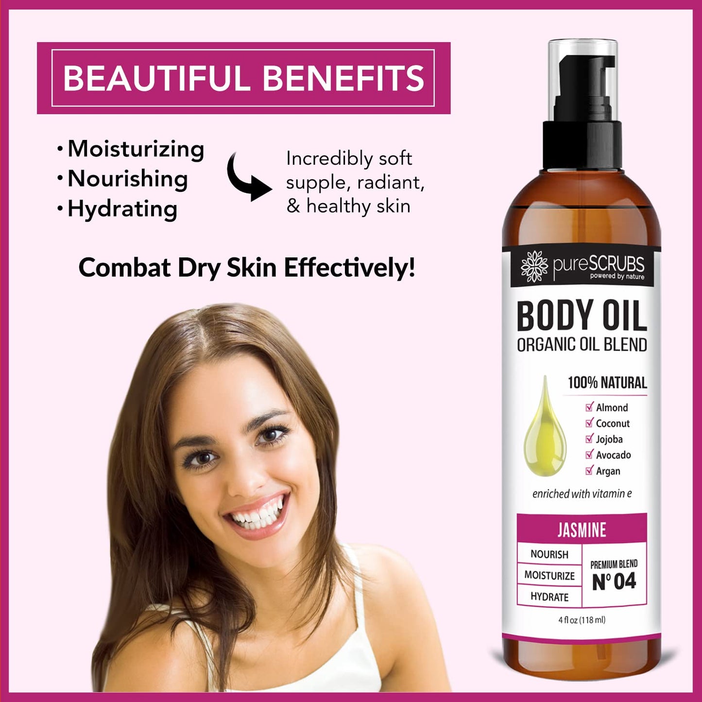 pureSCRUBS Ultra Moisturizing Jasmine Body Oil Spray for Dry Skin, Massage, Cuticles & More - Organic Super Blend of Jojoba, Argan, Coconut, Sweet Almond & Avocado Enriched with Vitamin E, Lg 4oz