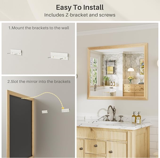 48x30 Inch Bathroom Mirror for Wall, Anti-Rust Oak Wood Grain Metal Framed - Image 5