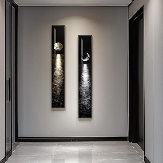 Framed Long Narrow Vertical Moon Wall Art Set of 2, Modern Black White Gold by Cuspin