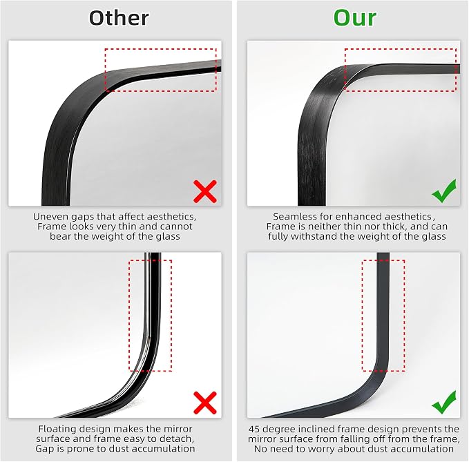 Wall Mount Mirror for Bathroom, Brushed Black Metal Framed Large Rounded Corner - Image 4