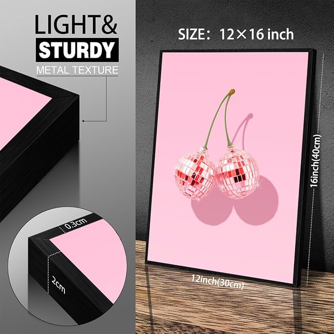 Funky Pink Cherry Poster Retro Disco Ball Canvas Wall Art 12X16 inch Black - Image 2