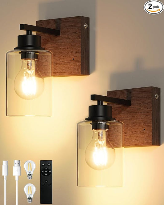 Battery Operated Wall Sconce Set of 2, Easy Install Dimmable Wireless Wall Lamps by Rayogale