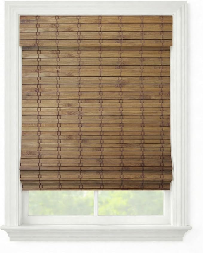 Cordless Woven Wood Roman Shades, 69W x 48H, Eastfield Teak, Sizes 20-72 Wide by FirstRateBlinds