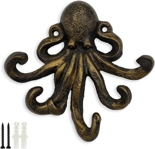 Octopus Cast Iron Wall Hook – Nautical Decorative Key Holder, Coastal Ocean by HERNGEE