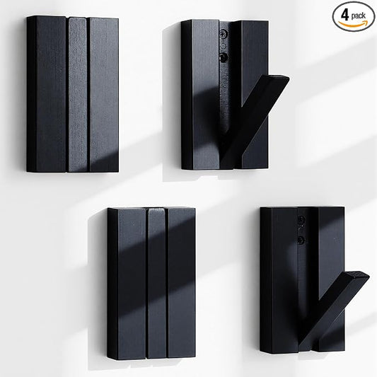 Folding Wall Hooks 4Pack: Black Modern Wooden Coat Hooks Mount by KYIAANY