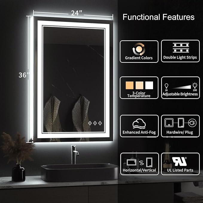 LED Mirror for Bathroom, 24x36 Inch Gradient Front and Backlight LED Bathroom - Image 2