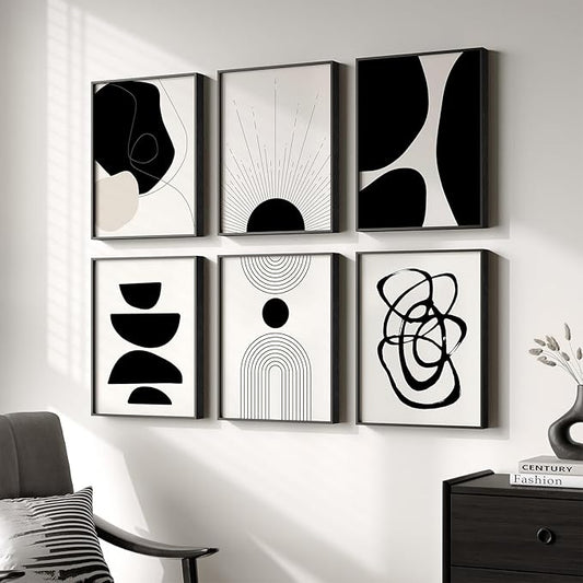 Framed Boho Black and White Abstract Wall Art, Minimalist Geometric Pictures by Cuspin